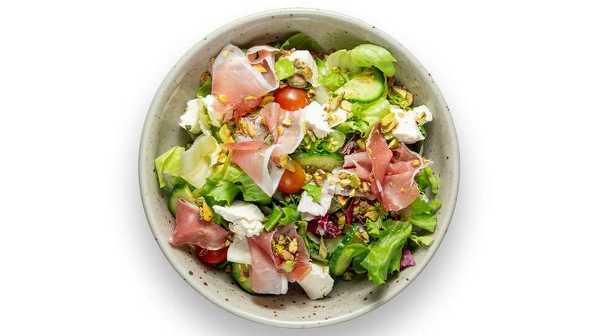 Salad with feta cheese and Serrano ham