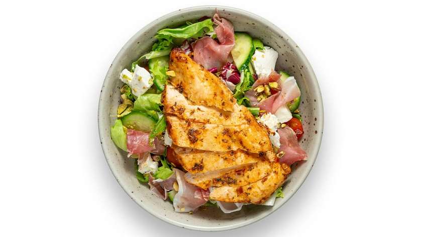 Salad with feta cheese, Serrano ham and chicken