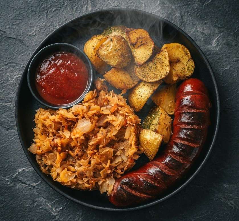Копченая колбаса с обжаренным картофелем и тушеной квашеной капустой