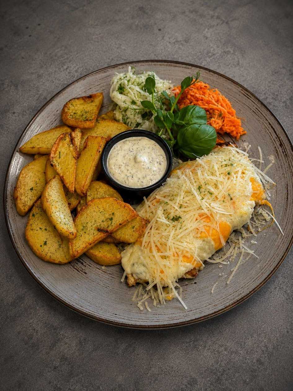 Сочное куриное филе четыре сыра, с гарниром, овощным салатом и соусом