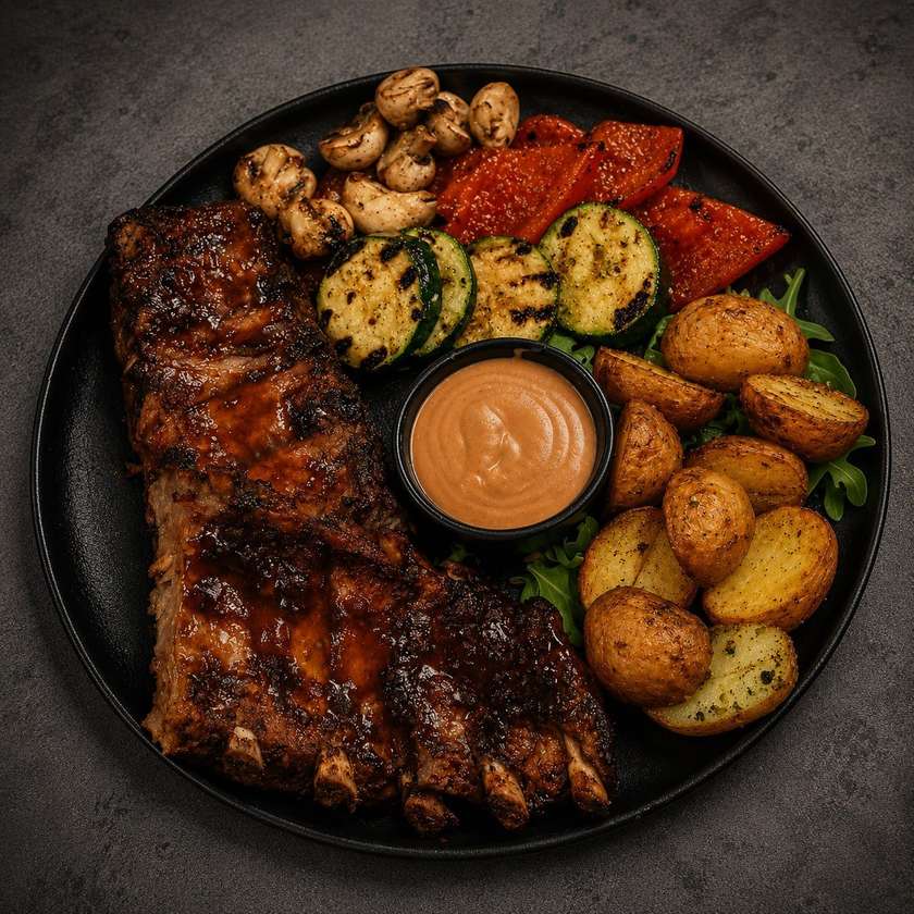 Свинные ребрышки в соусе BBQ с обжаренным картофелем и гриль овощами