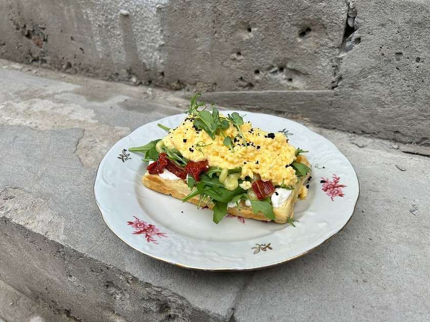 Waffles with scrambled eggs