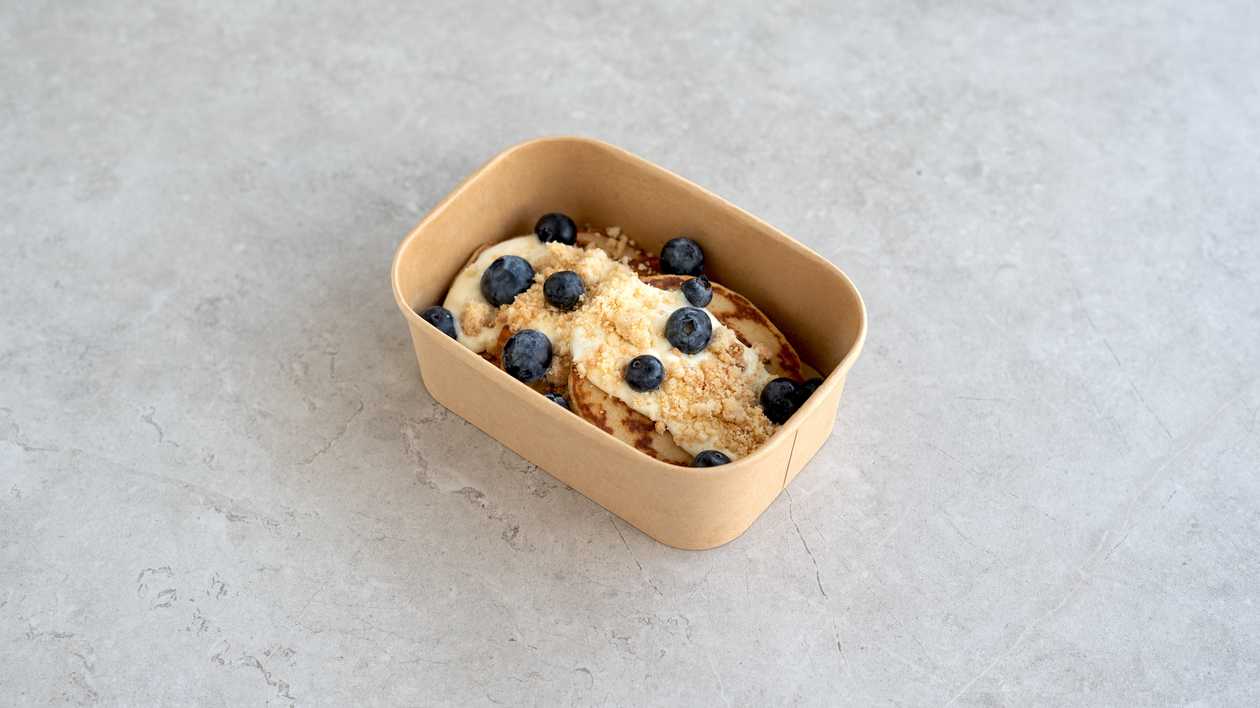 Pancakes with White Chocolate, Blueberries & Biscotti