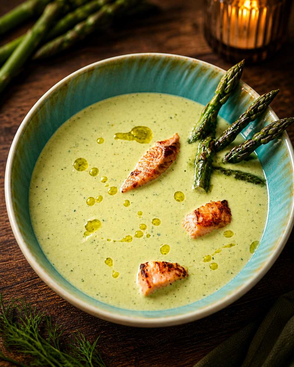 Creamy Asparagus Soup with Salmon & Zucchini