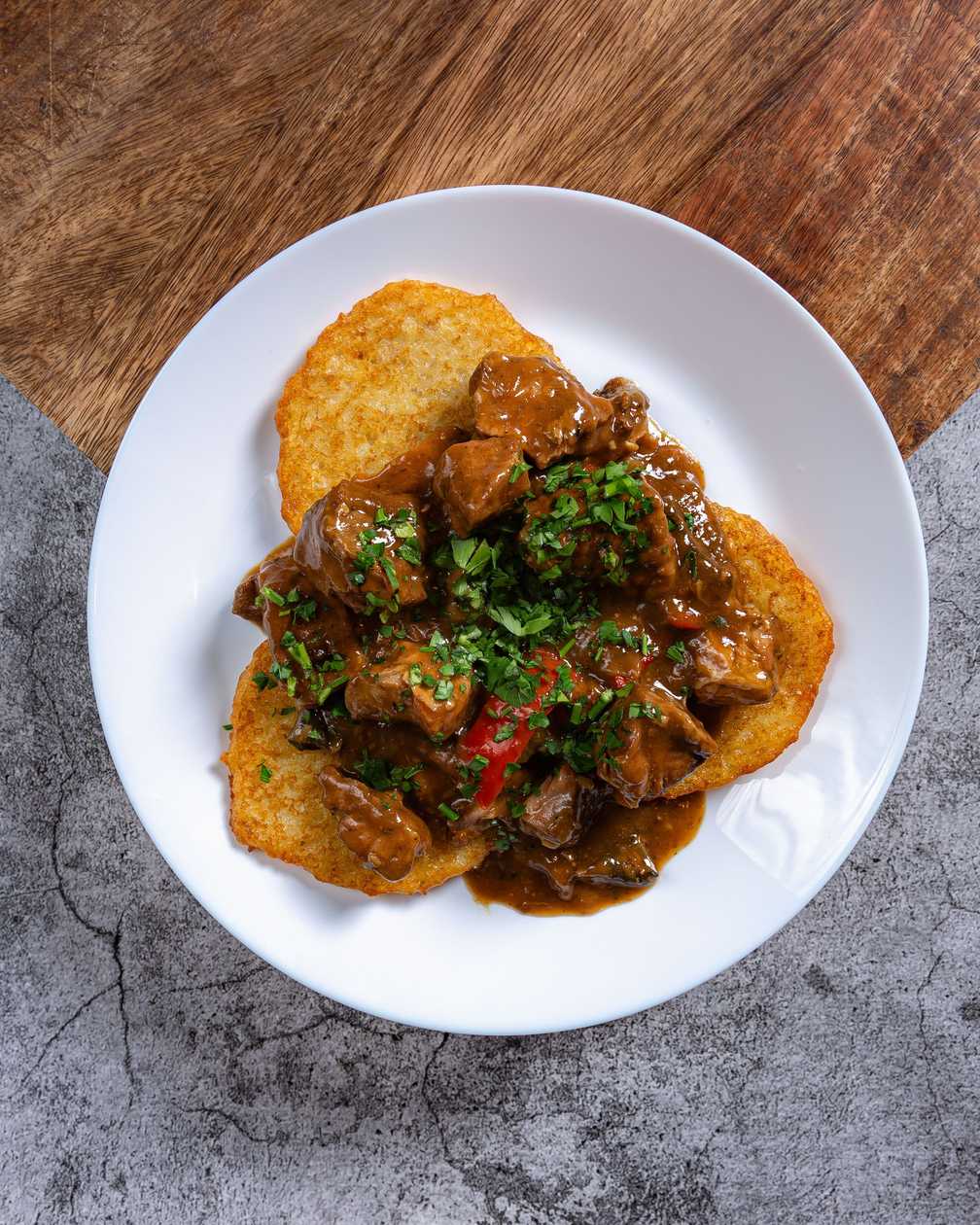 Potato Pancakes with Pork Goulash
