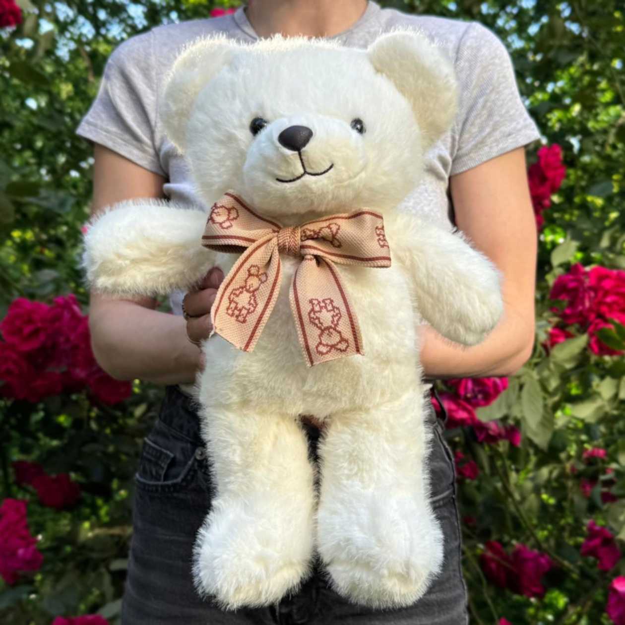 Soft plush toy white bear with biege bow (38cm)