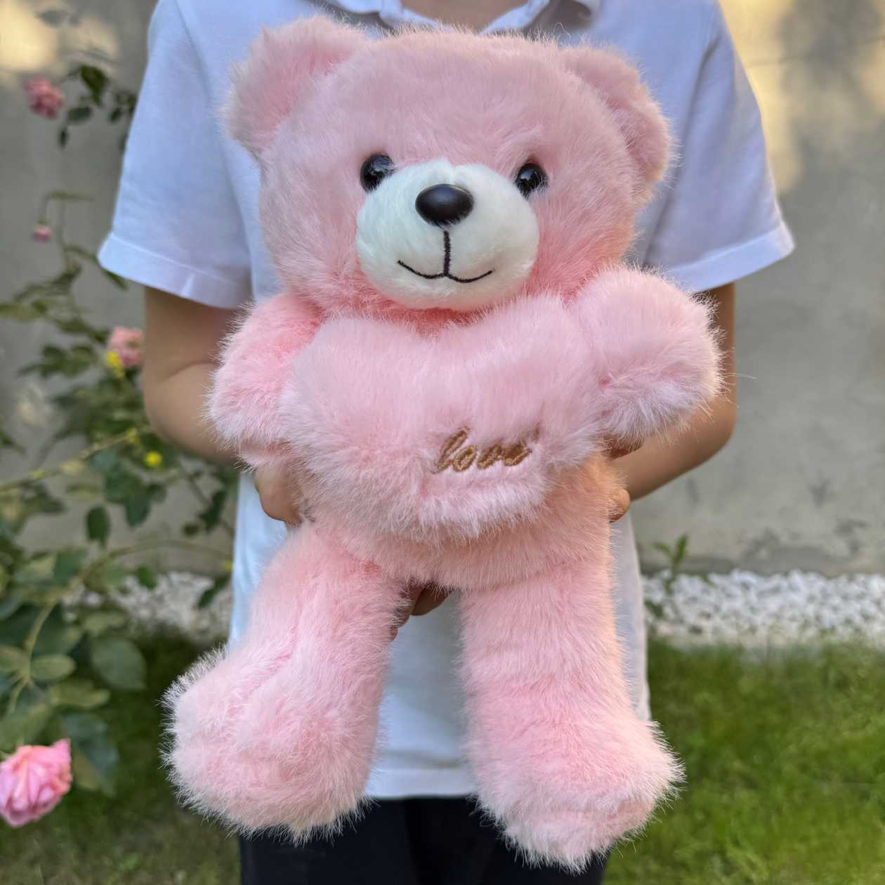 Soft plush toy teddy bear pin, heart 'Love' (30cm)