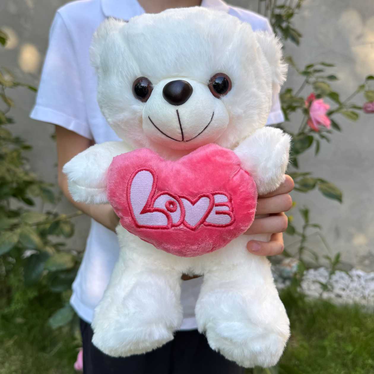 Soft plush toy teddy bear white with pink heart 'Love'