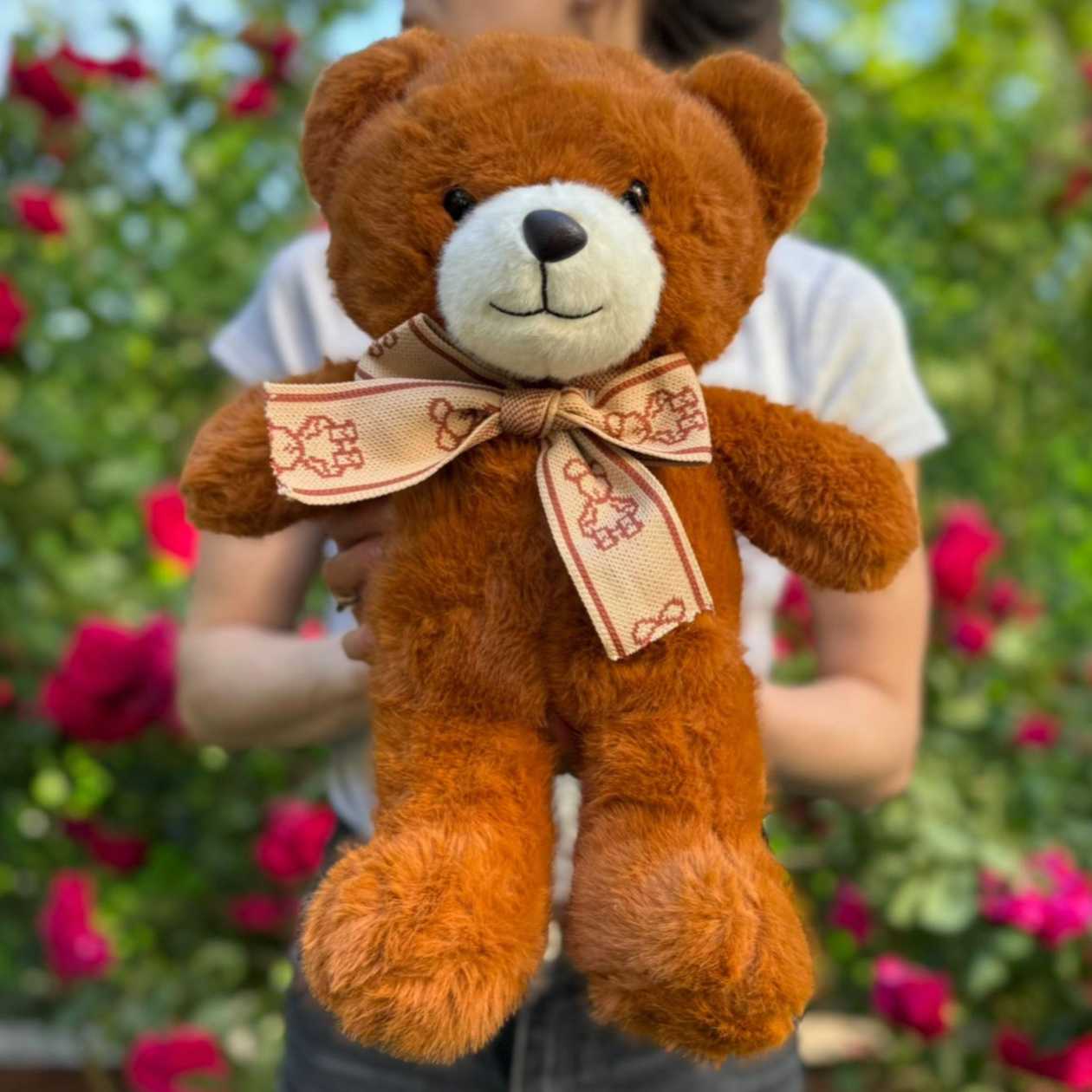 Soft plush toy brown bear with biege bow (25cm)