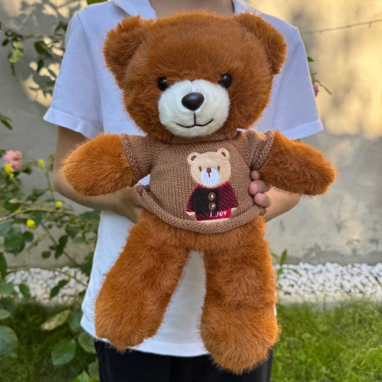 Soft plush toy teddy bear brown in briwn sweater (31cm)