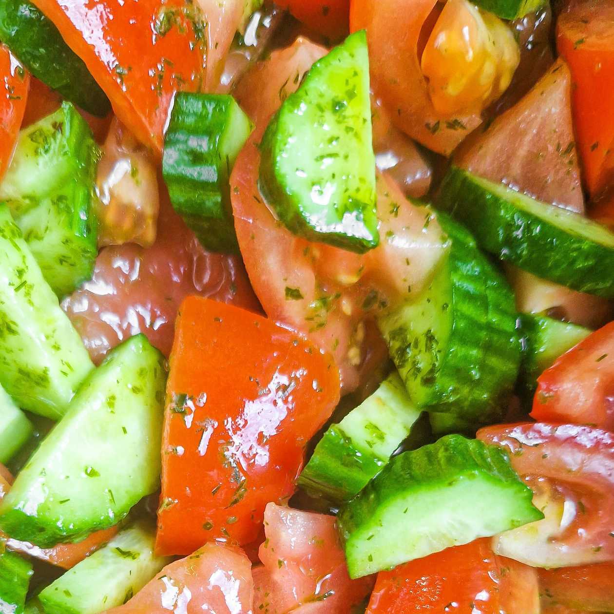 Tomato Cucumber Salad with Basil Pesto