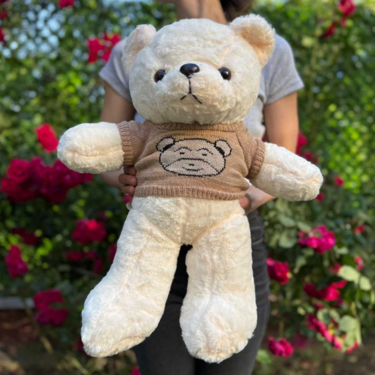 Soft plush toy bear white in sweater (50cm)