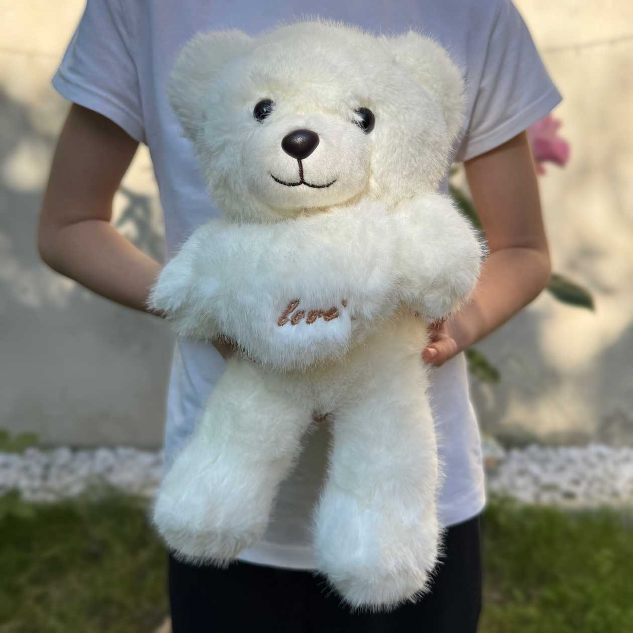 Soft plush toy teddy bear white, heart 'Love' (30cm)
