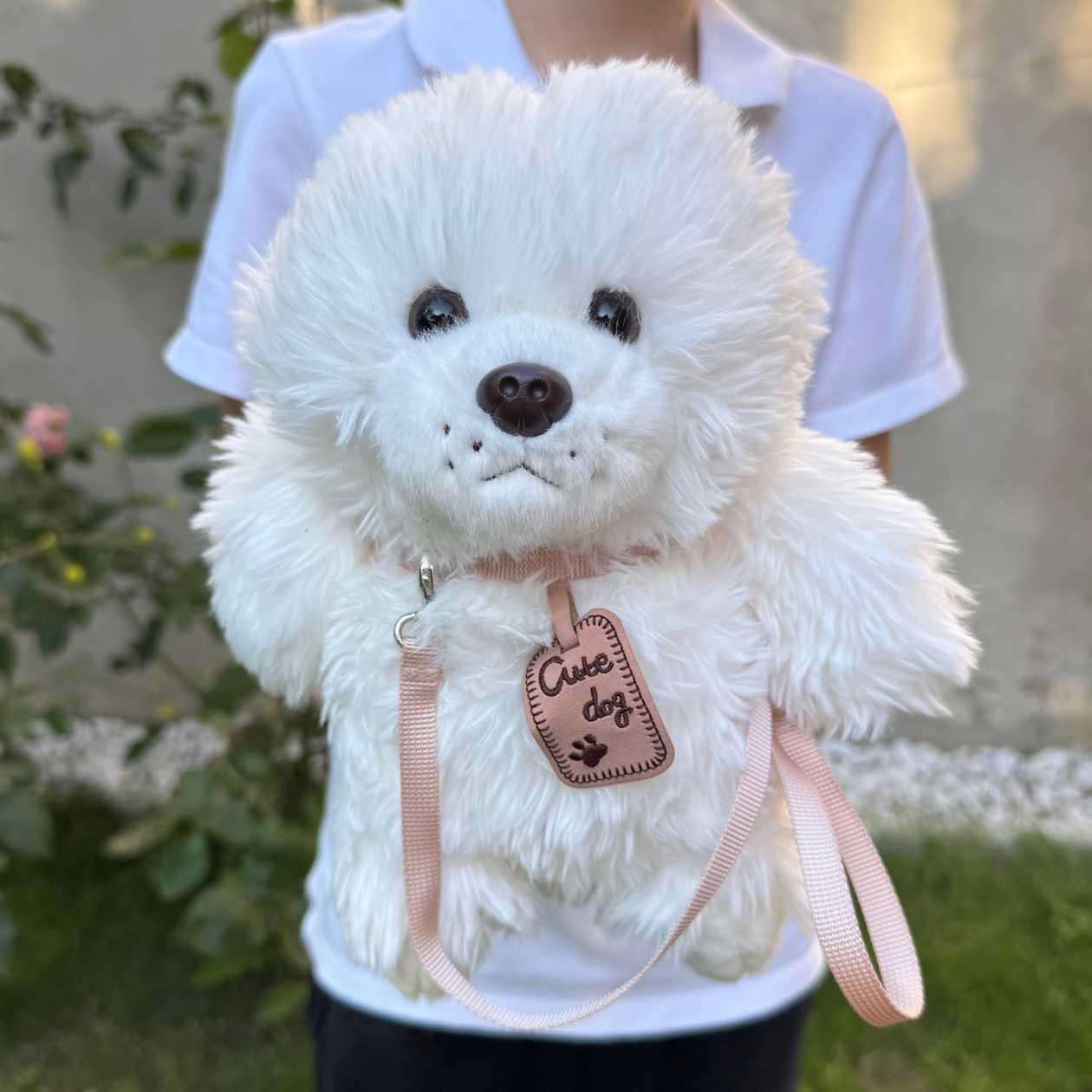 Soft plush toy white dog with dog leash