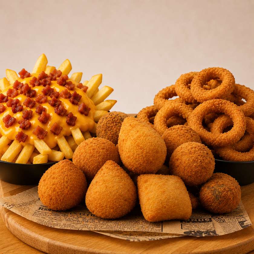 Combo 3 -15 Salgados Miniaturas Sortidos + Batata Frita com Bacon e Cheddar Media + 6 Aros de Cebola