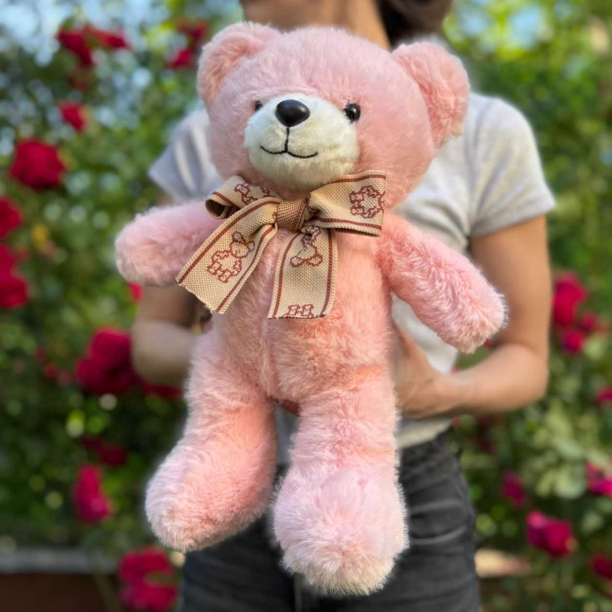 Soft plush toy pink bear with biege bow (25cm)