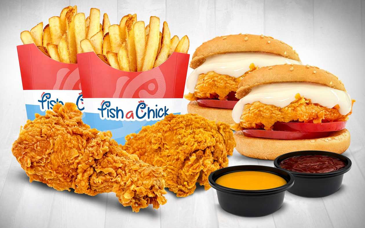 Mozza chicken burger 2 pcs, drumstick 2 pcs, fries 2 pcs, sauce 2 pcs
