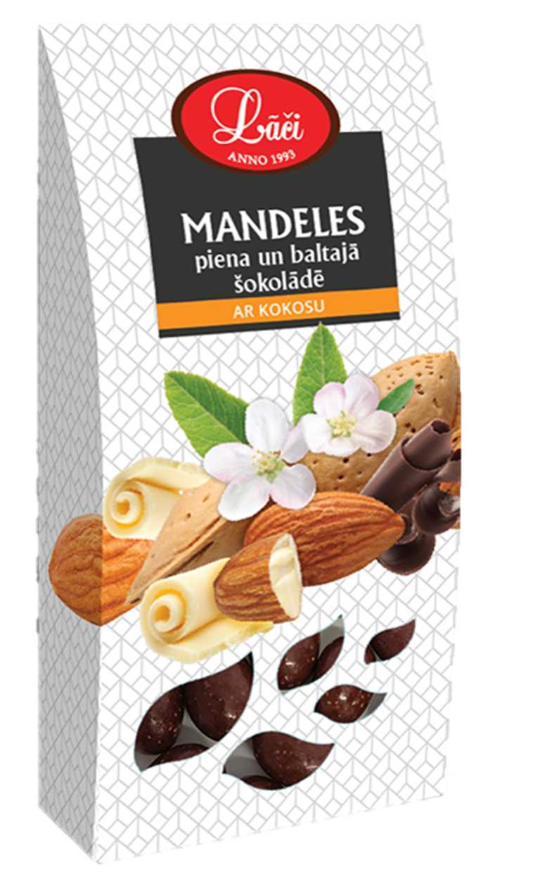 Mandeles piena un baltajā šokolādē ar kokosu, 115g