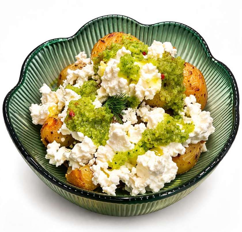 Cartofi la cuptor cu telemea si pesto