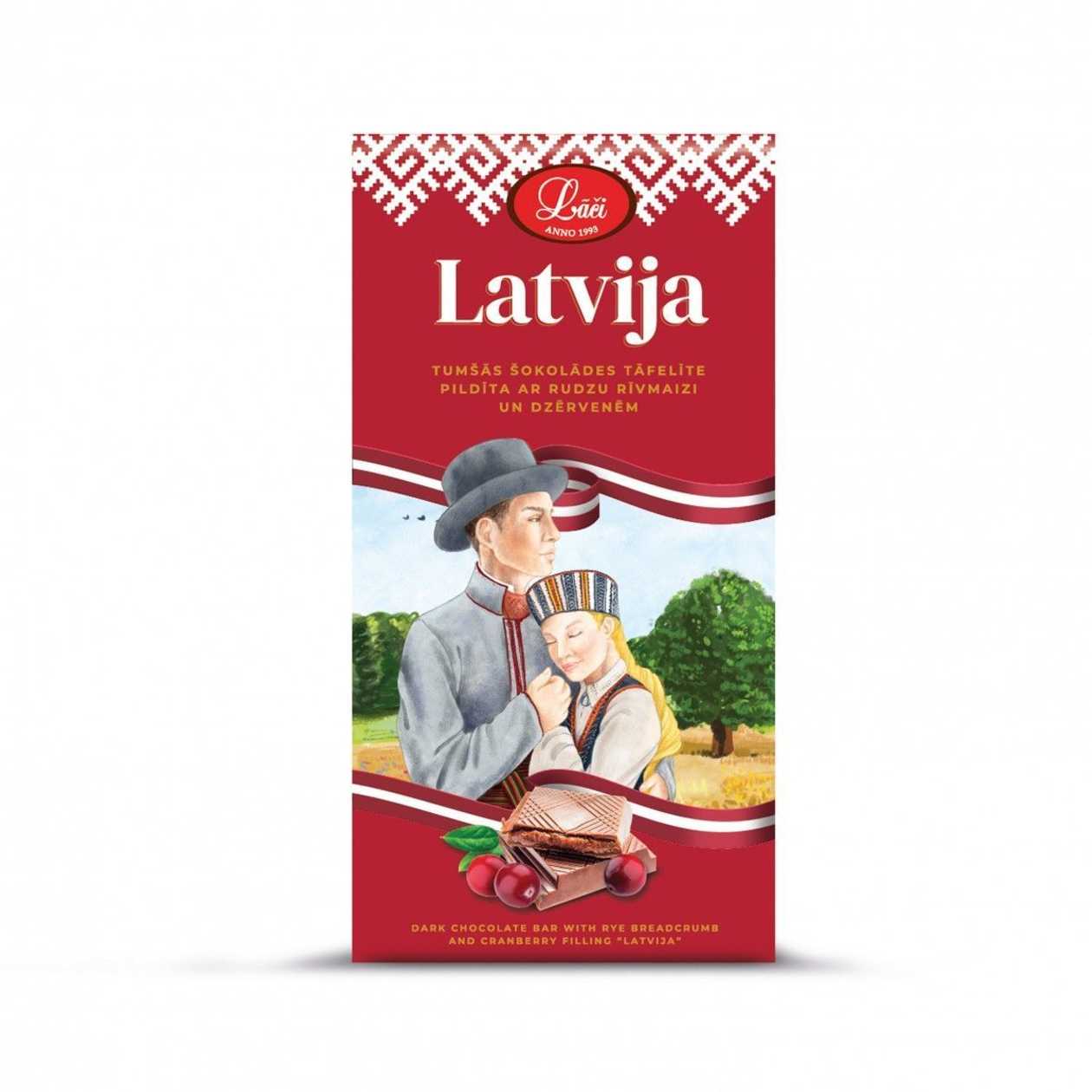 Tumšās šokolādes tāfelīte ar rudzu rīvmaizi un dzērvenēm "Latvija", 100g