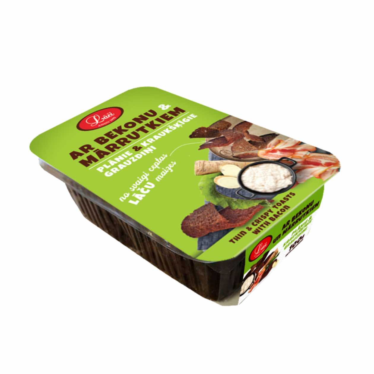 Plānie un kraukšķīgie grauzdiņi ar bekonu un mārrutkiem, 200g