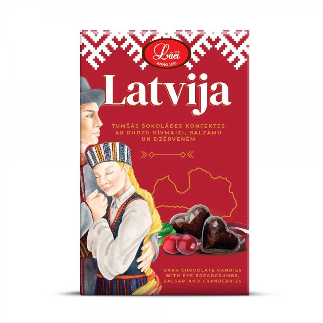 Tumšās šokolādes konfektes ar dzērvenēm, rudzu rīvmaizi un balzamu "Latvija", 75g