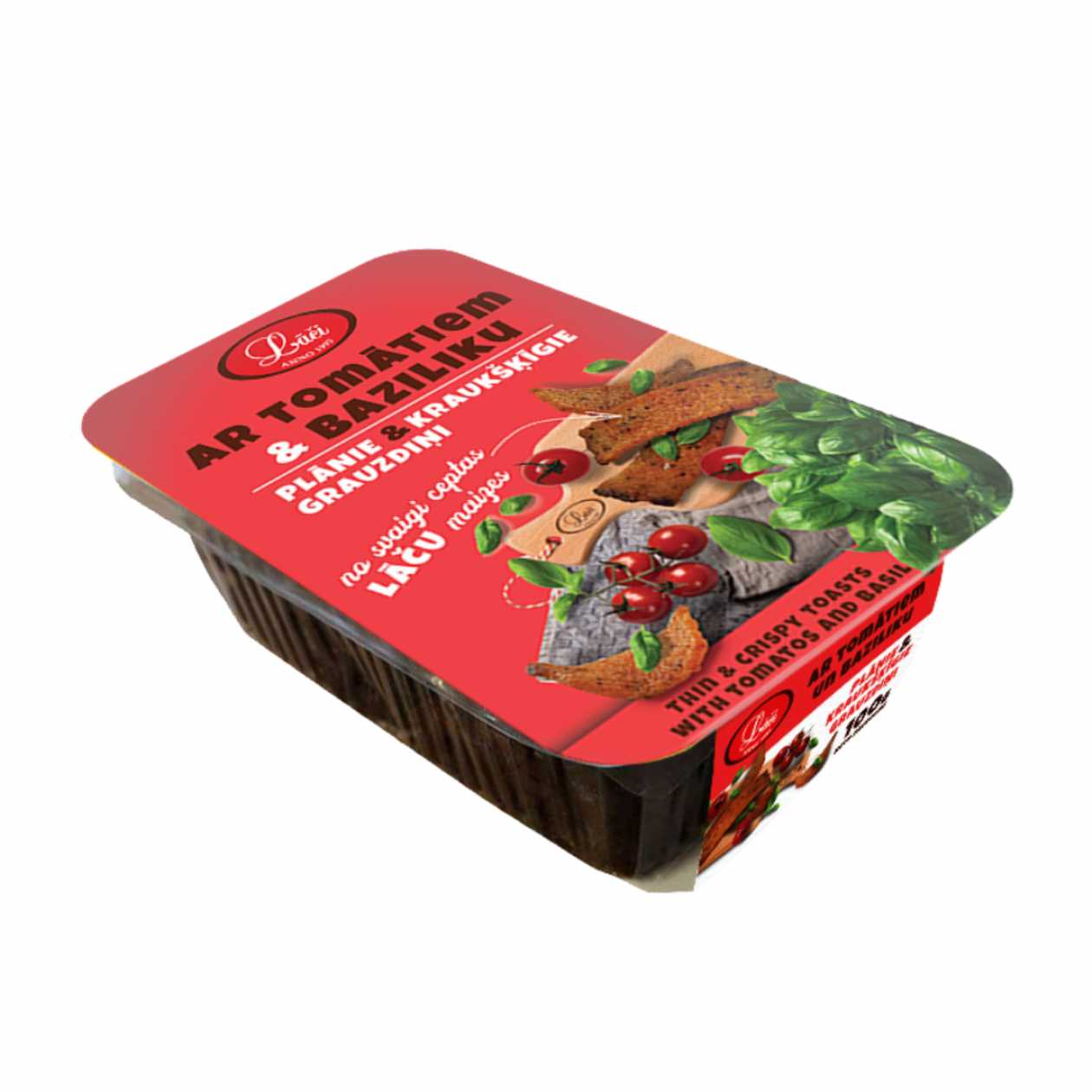Plānie un kraukšķīgie grauzdiņi ar tomātiem un baziliku, 200g