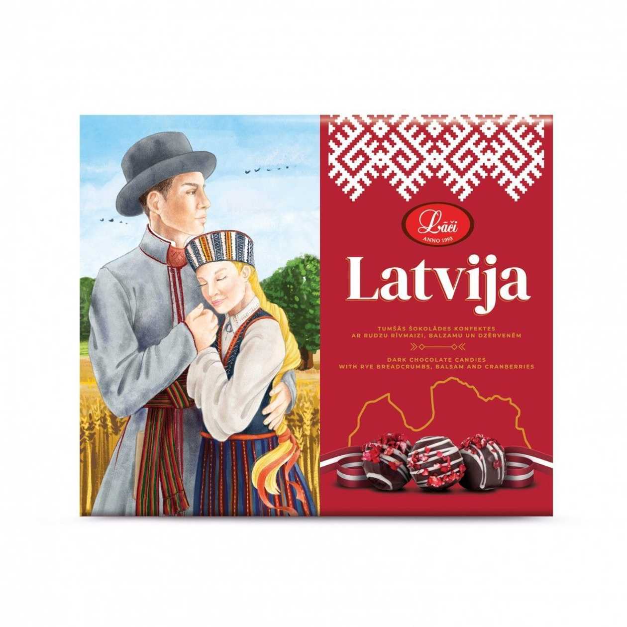 Tumšās šokolādes konfektes ar dzērvenēm un rudzu rīvmaizi "Latvija", 160g
