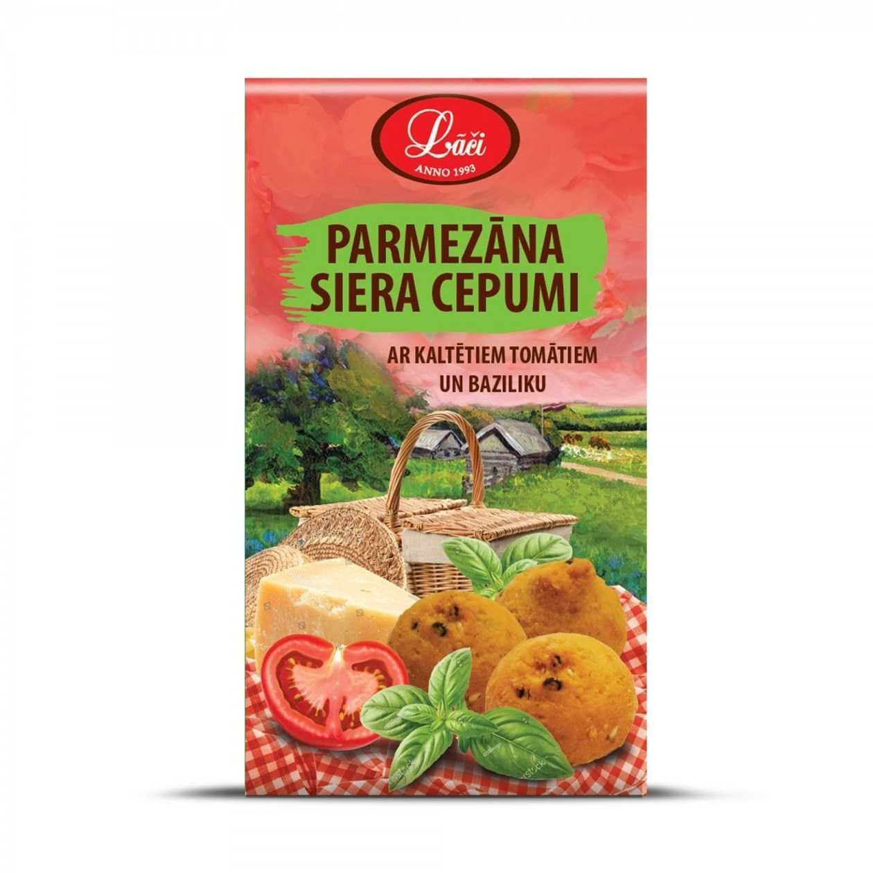 Parmezāna siera cepumi ar kaltētiem tomātiem un baziliku, 100g