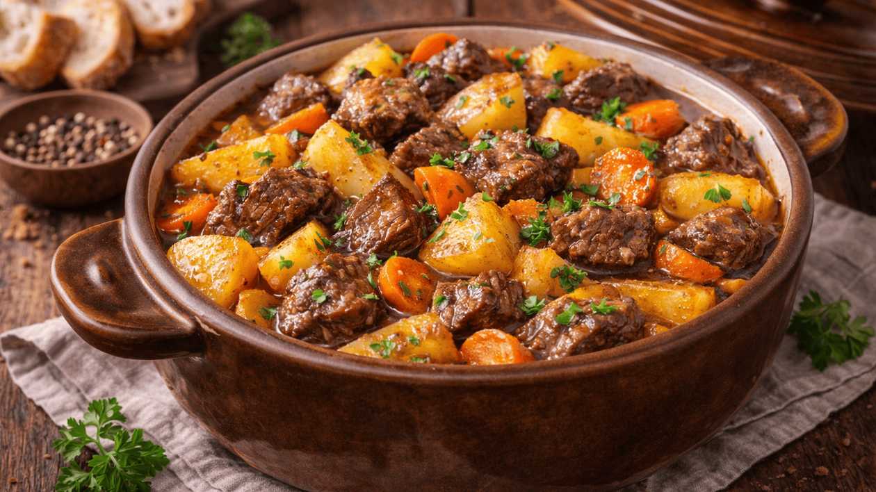 Žarkoje - pomalu dušený brambory a maso (vepřové). Do žarkeho se přidáva mrkev a cibule.