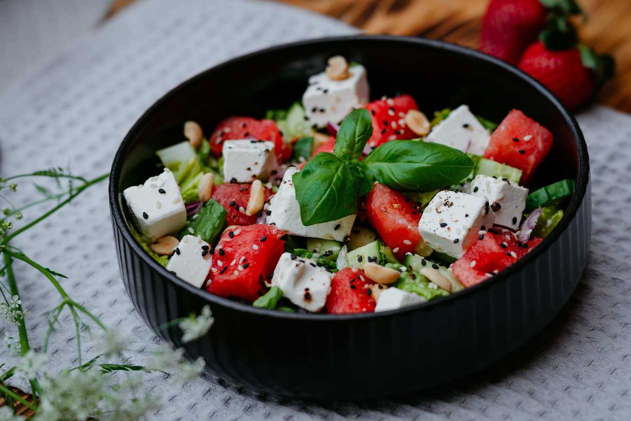 Summer salad with Greek cheese and watermelon (G)