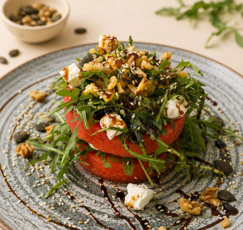 Watermelon Burger with Feta, Arugula, and Walnuts (Ovo-Lacto)