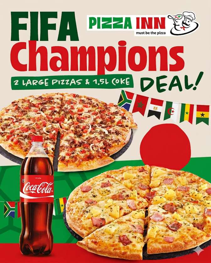 2 LARGE PIZZAS + FREE 1.5L SODA