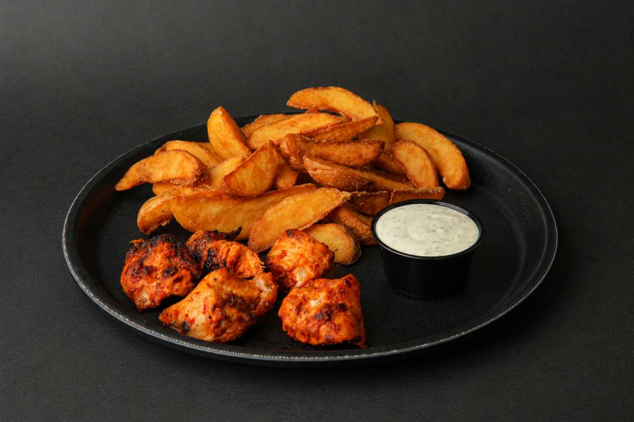 Potato wedges with meat on a plate