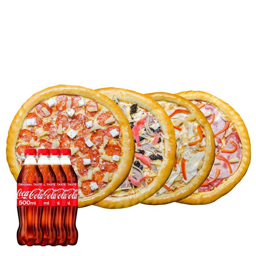 4 Large Pizzas + 4 Colas = Super Price!