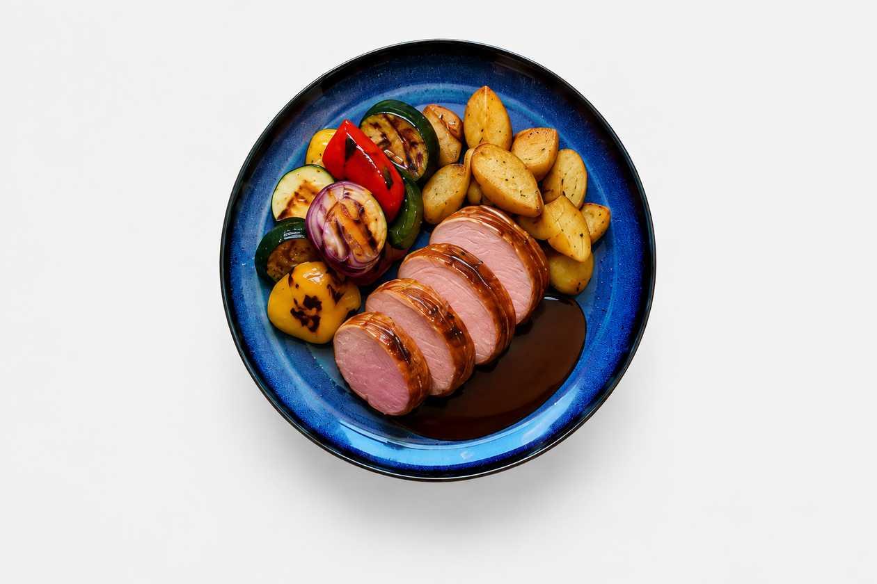 130 g Sous-vide bravčová panenka obalená v slanine, grilovaná zelenina, demiglace +polievka (v cene)