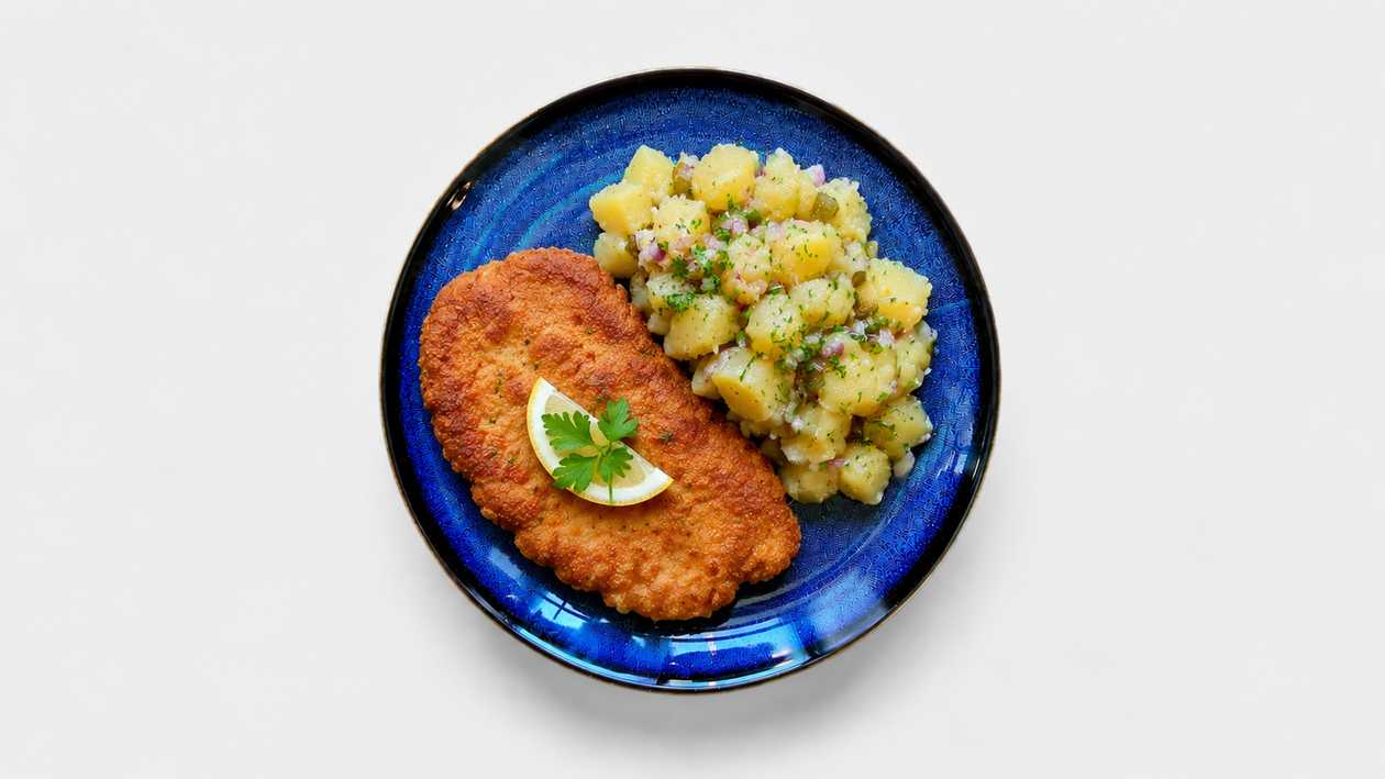 160 g Vyprážaný teľací rezeň v panko strúhanke, slovenský zemiakový šalát, citrón + polievka(v cene)