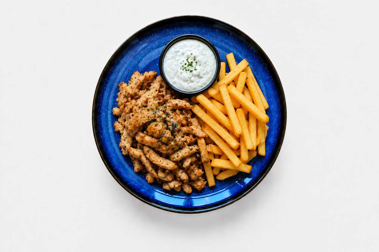 300 g Kurací gyros, zemiakové hranolky, tzatziki dressing (7) + polievka (v cene)