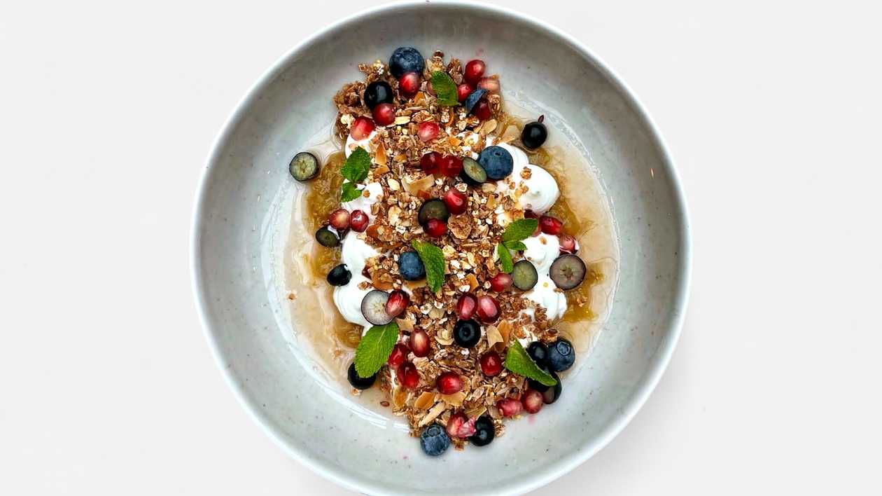 NEW! Handmade Muesli with Greek Yogurt, Rhubarb Jam, and Berries