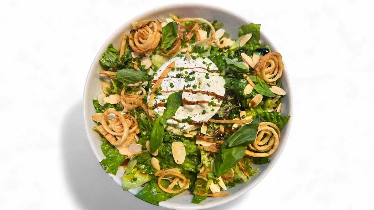 NEW! Burrata and grapefruit salad with pesto and almond flakes