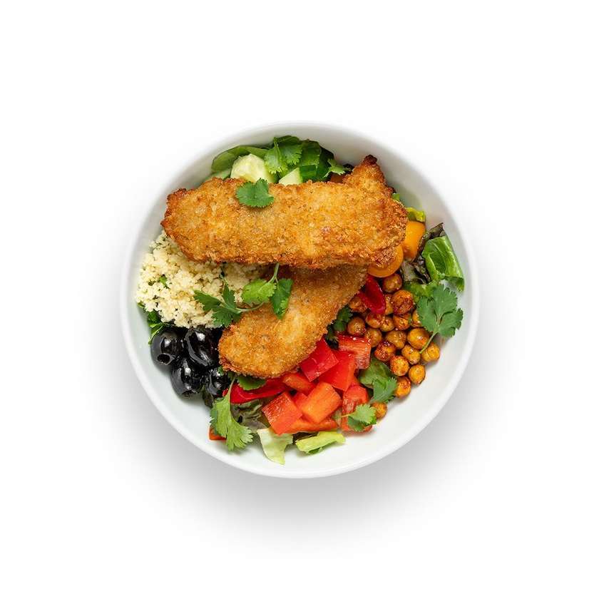 Moroccan bowl with crispy chicken fingers