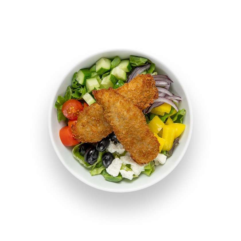 Graikiškas bowl su traškiais vištienos piršteliais