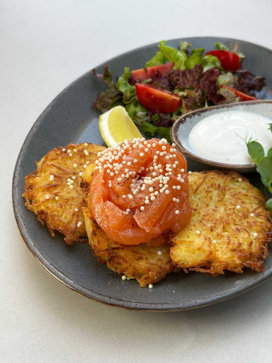 Potato pancakes with lightly salted salmon