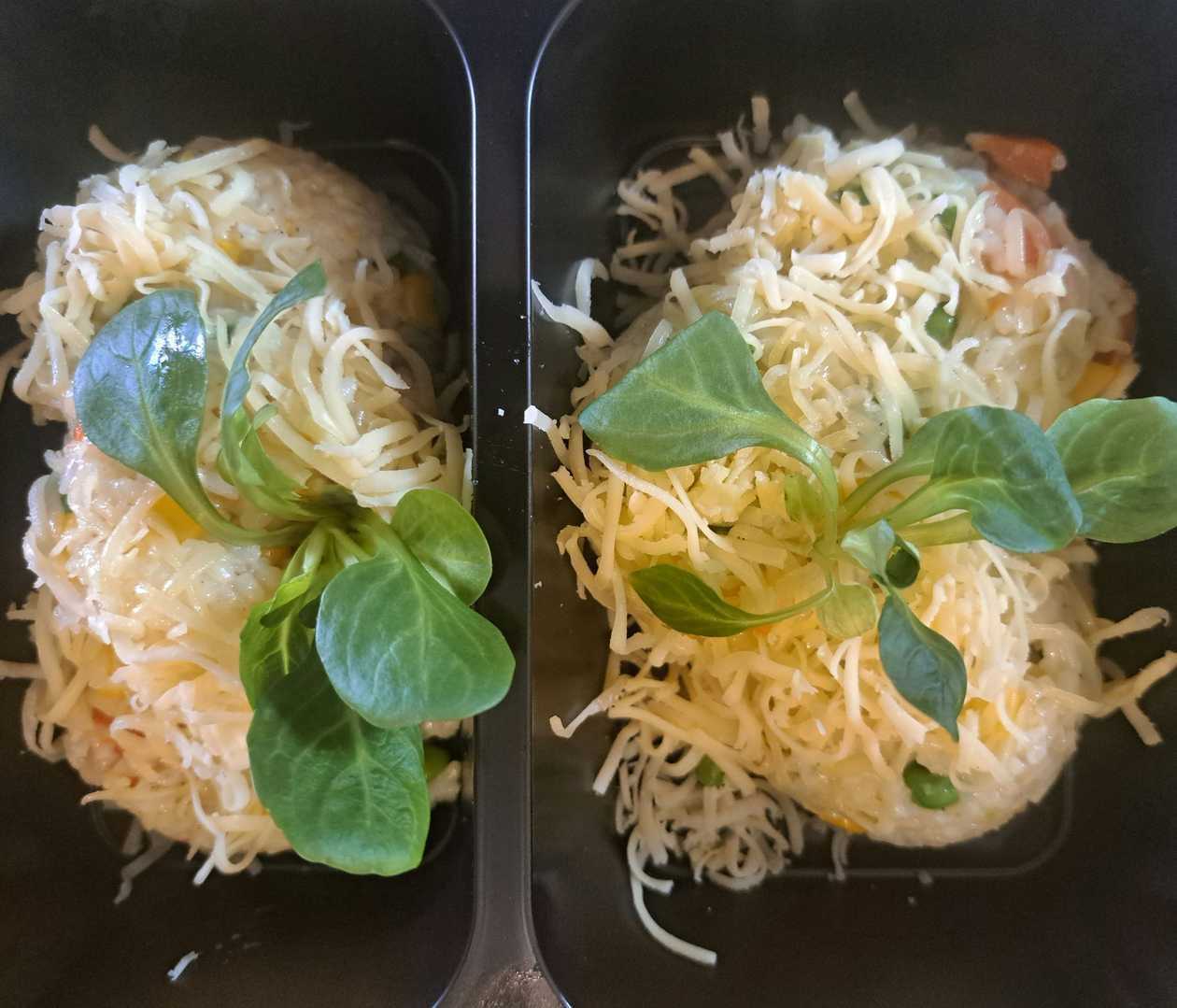 Vegetable risotto with cheese and ketchup, garnish