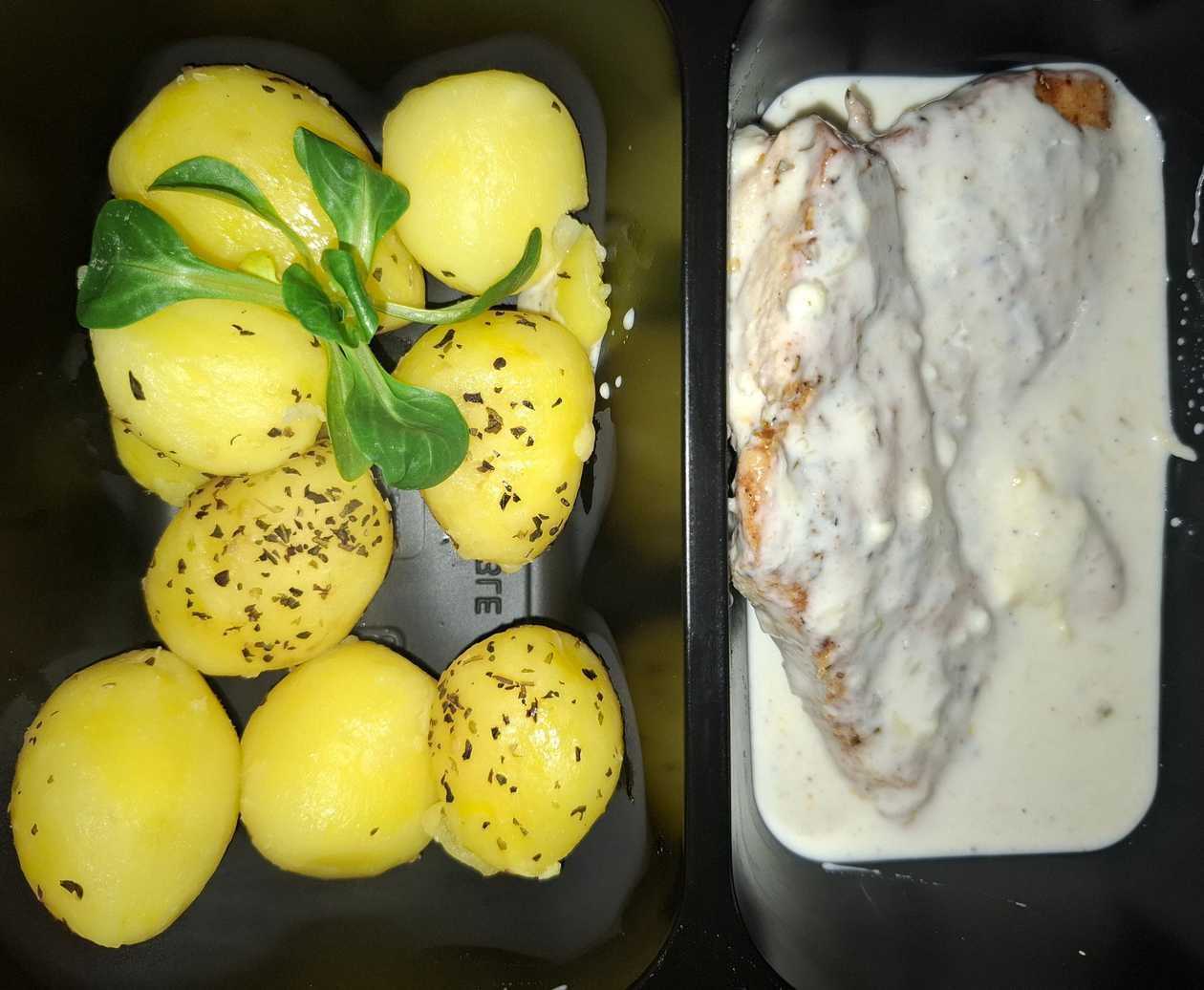 Chicken Steak in Cheese Sauce, Baby Potatoes with Herb Butter