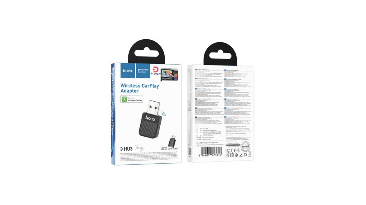 #623A4#Hoco®HU3 Wireless CarPlay Adapter includes USB-A to USB-C Adapter – Black