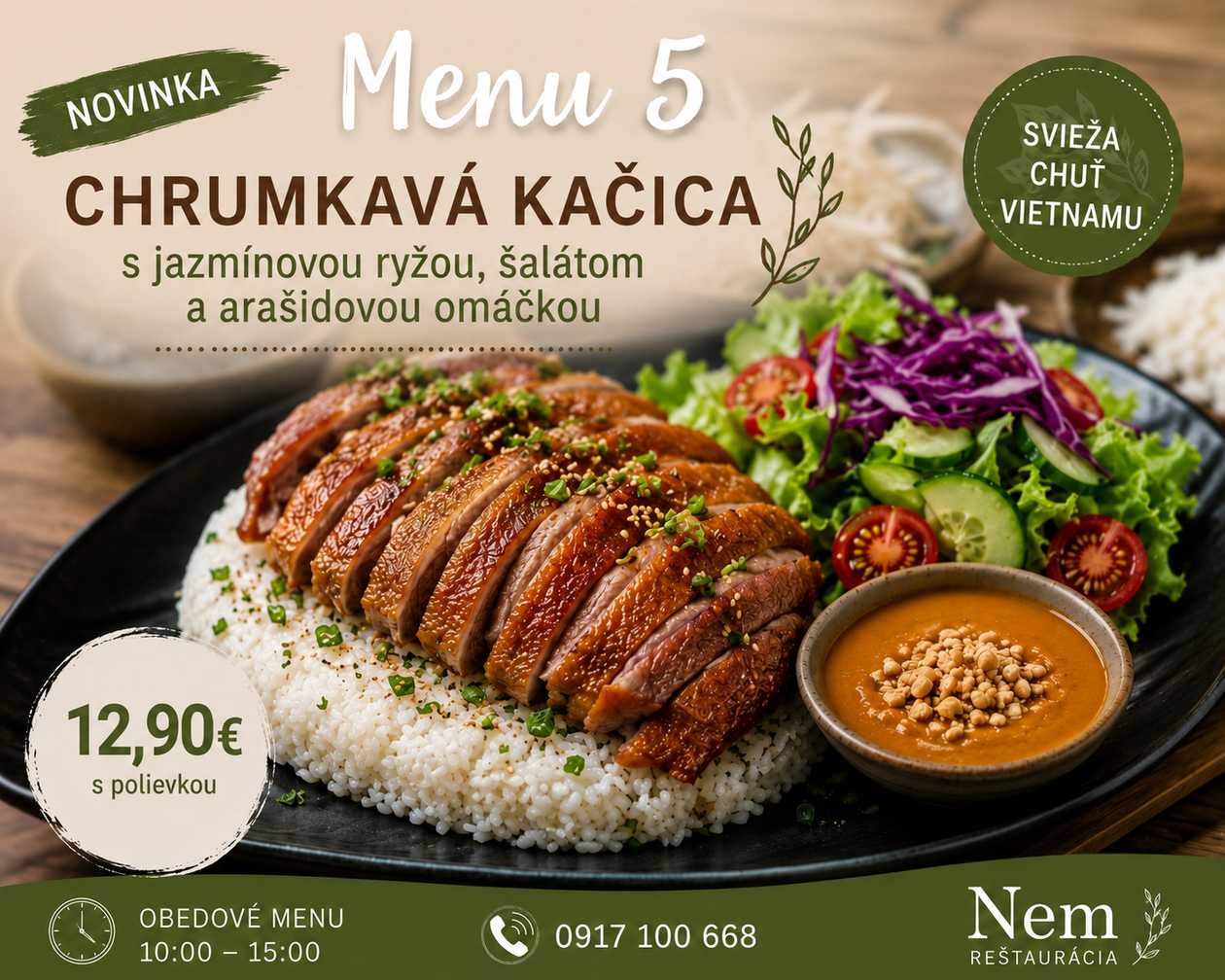 CHRUMKAVÁ KAČICA, JAZMÍNOVÁ RYŽA, ARAŠIDOVÁ OMÁČKA A SVIEŽI ŠALÁT