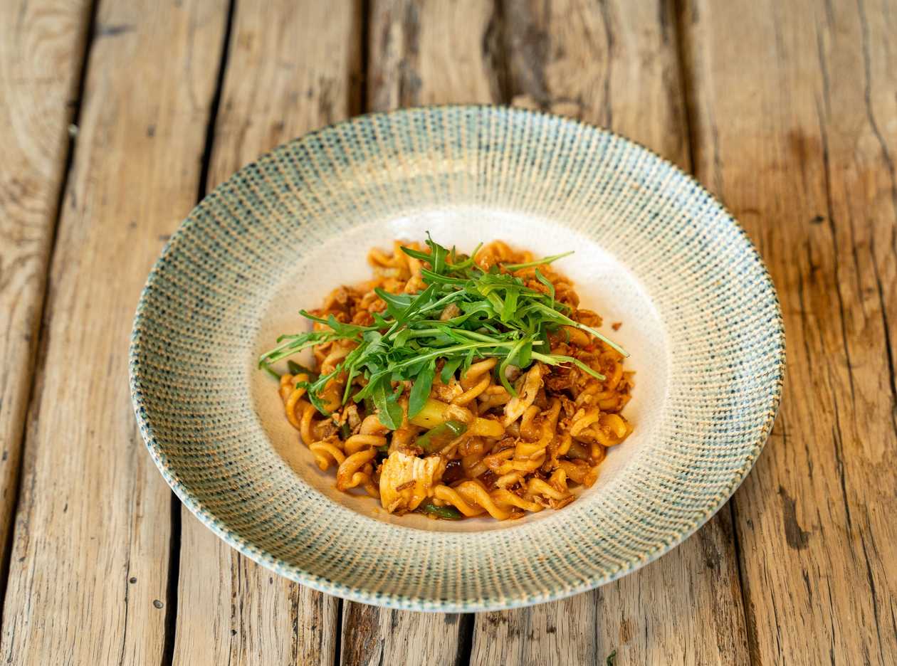 Pea Fusilli with Chicken and Tomato Sauce