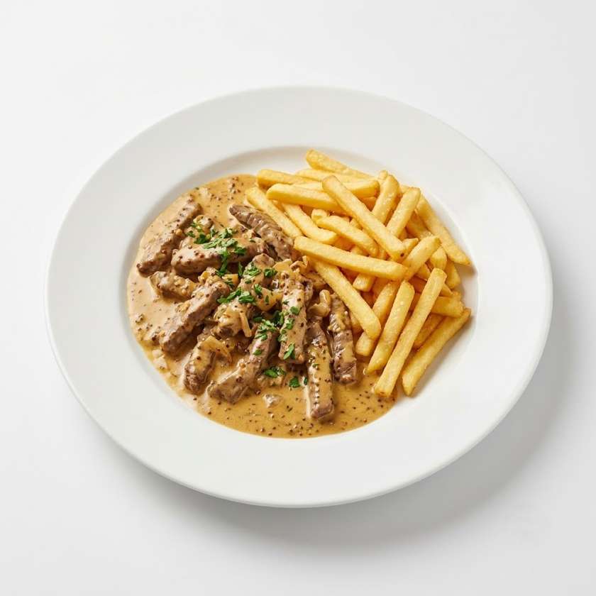 Beef strips Dijon style with french fries