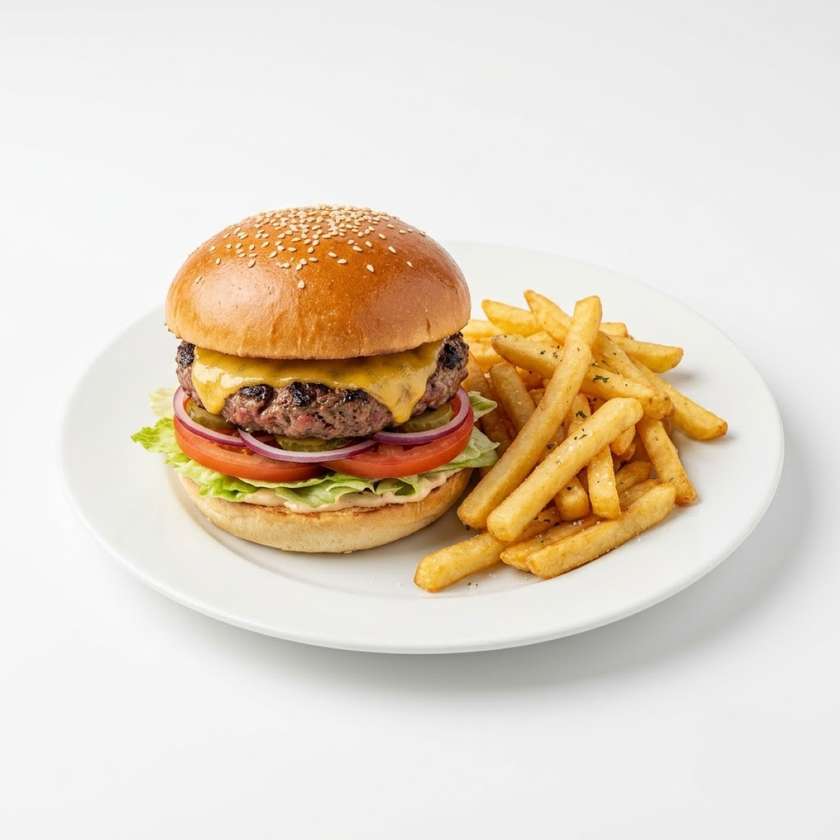 Beef Cheeseburger with matured chuck roll, fresh vegetables and fries